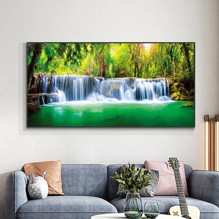 Toile XXL Panoramique 3D - Cascade Rochers Arbres - Peinture Murale Nature - 1684