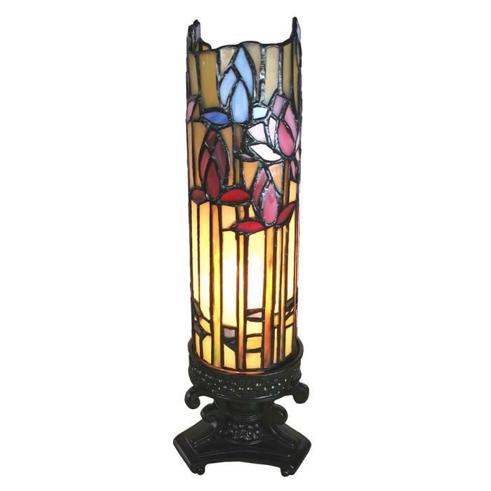 Lampe de table Tiffany 15x15x27 cm Beige Bleu Verre Rectangle Fleurs 5LL-6010