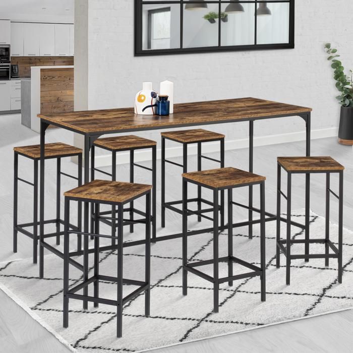 IDMARKET Table haute de bar DAYTON et 6 tabourets effet vieilli design