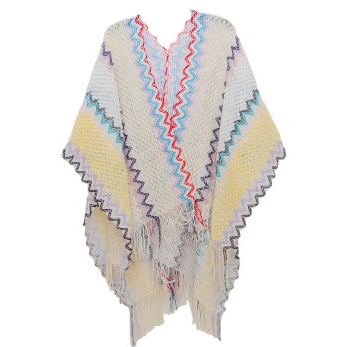 Poncho Femme en Tricot Avec Franges Châle Elégant Ouvert Chaud