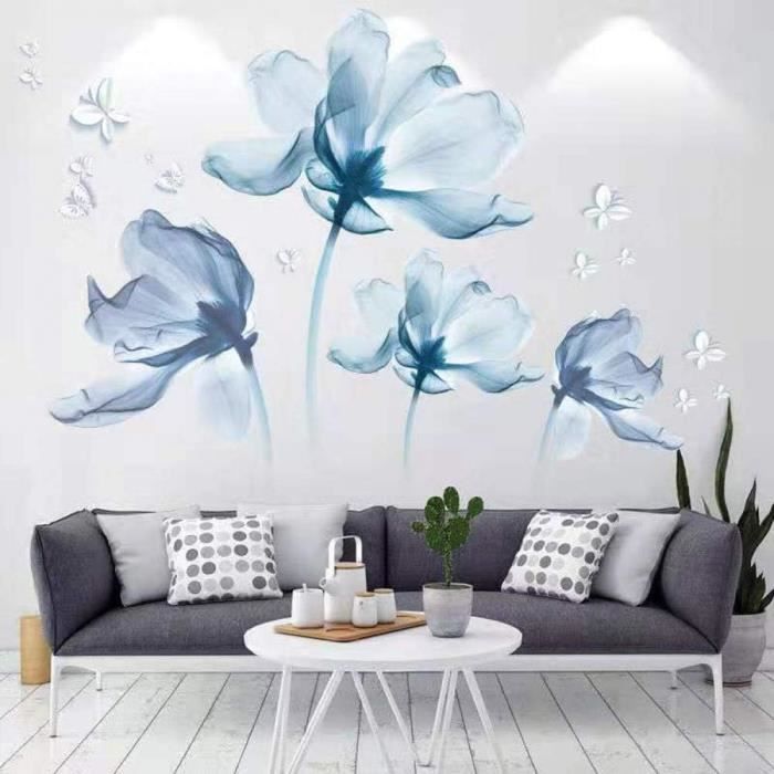 Autocollant Mural 3D Bleu Fleur Papillon 86x120cm,ITOOBE Salon