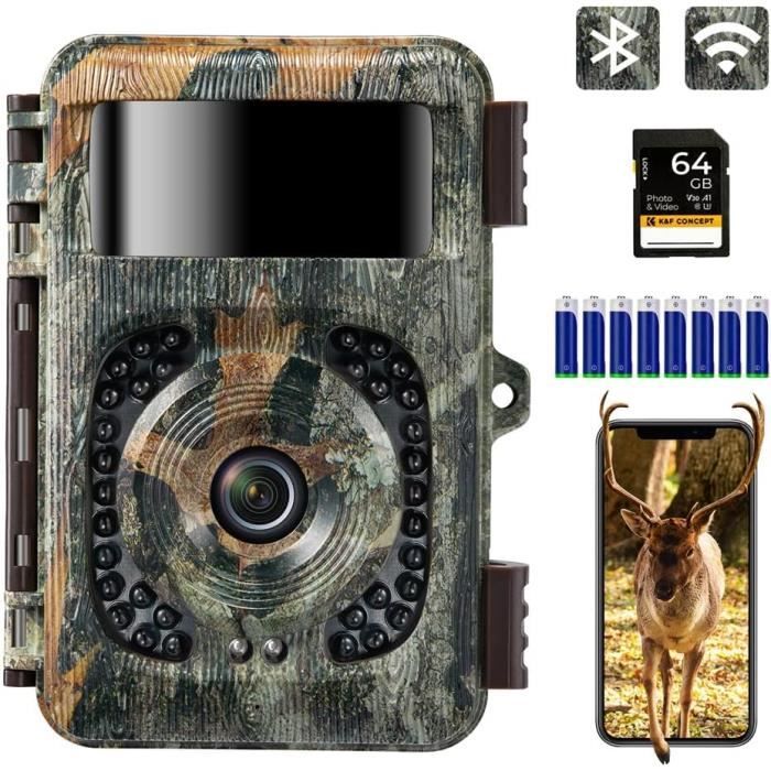 K&F CONCEPT Caméra de Chasse Nocturne 4K WiFi Infrarouge Invisible Etanche pour Observation d'animaux Sauvages + 64G Carte Micro SD