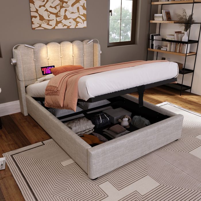 Lit coffre 90x200cm lit simple avec lampes de lecture et ports USB sommier à lattes tissu en lin beige Lit coffre 90x200cm lit simple avec lampes de lecture et ports USB sommier à lattes tissu en lin beige