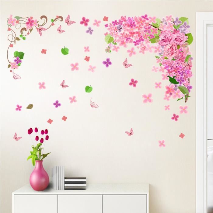 stickers muraux roses fleurissent avec vignes de fleurs roses et papillons romantqiues cdiscount maison