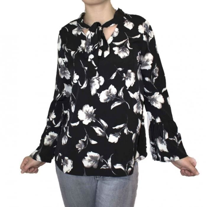 Chemisier blouse femme noir motif fleur blanche col lavalliere \u0026 manches a  volants Noir - Cdiscount Prêt-à-Porter