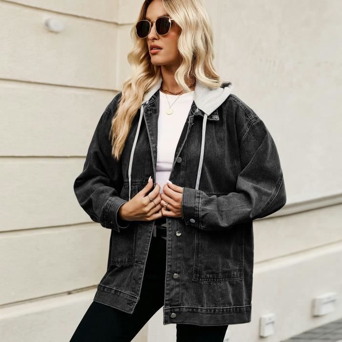 Veste En Jeans Femme Capuche Mi Saison Avec Poches Casual Veste Denim Lache Pour Printemps Et Automne Taille EU Noir Noir Cdiscount Pret a Porter