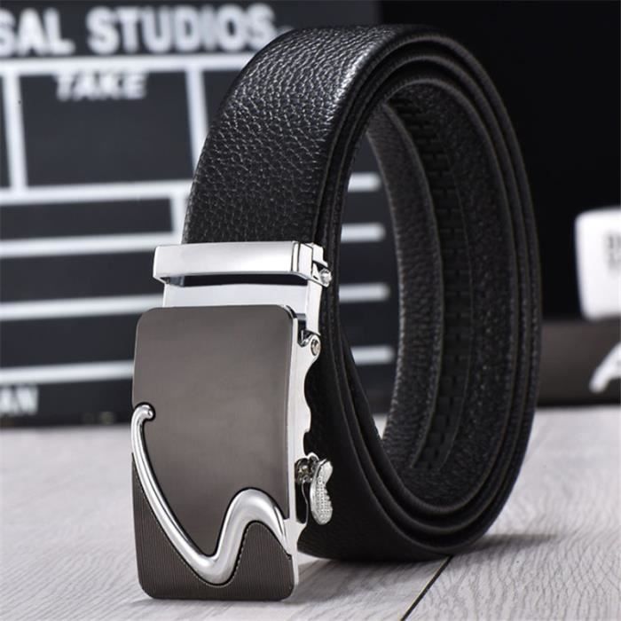 Ceinture Homme En Cuir Véritable - Boucle Automatique Acier Inoxydable - Taille L - Noir - 28 Versions Disponibles