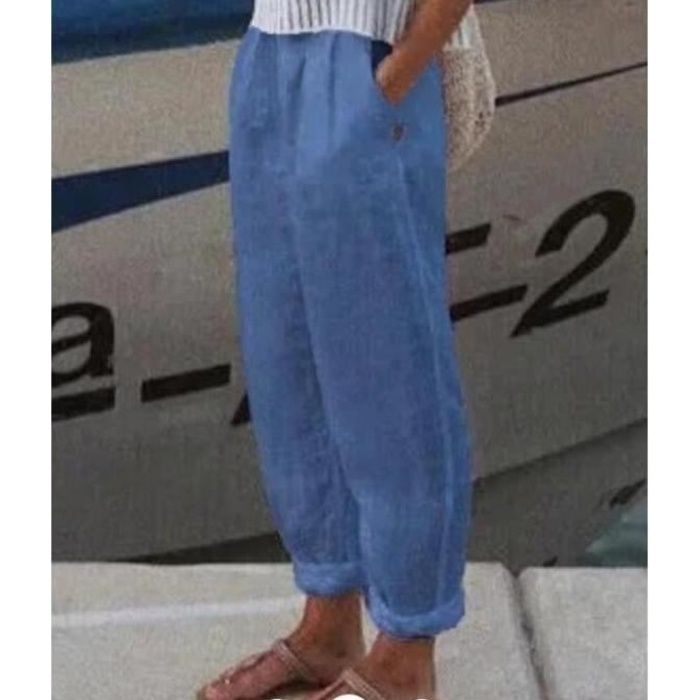Pantalon Coton Lin Femme Large en Melange Pantalon Chic Pantalons Casual Jambe Jogging Yoga Gym Pantalon Bleu ZP Bleu Cdiscount Pret a Porter