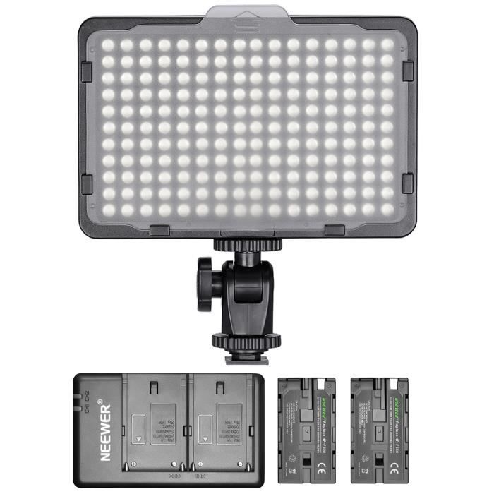 Neewer Panneau Lumière 176 LED Intensité Variable avec 2pz Batterie Li-ION 2600 mAh Chargeur Double USB pour Reflex numériques Canon