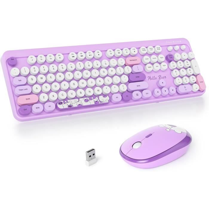 SOLIDEE Ensemble Clavier et Souris sans Fil,clavier de machine à écrire,2.4GHz Clavier de Machine à écrire à Touches Rondes avec Pavé Numérique,Clavier de 104 Touches(Américain QWERTY)(Bear Purple