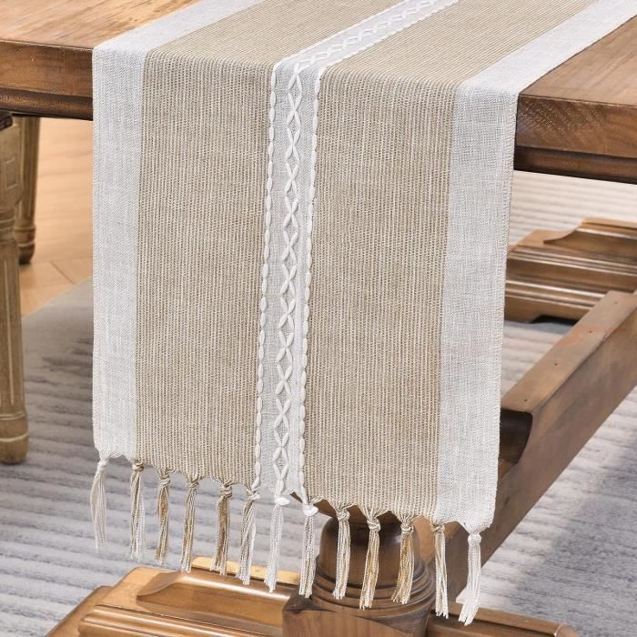 Chemin De Table Brodé Coton/Lin 120cm - Style Ferme Avec Glands - Déco Salle à Manger