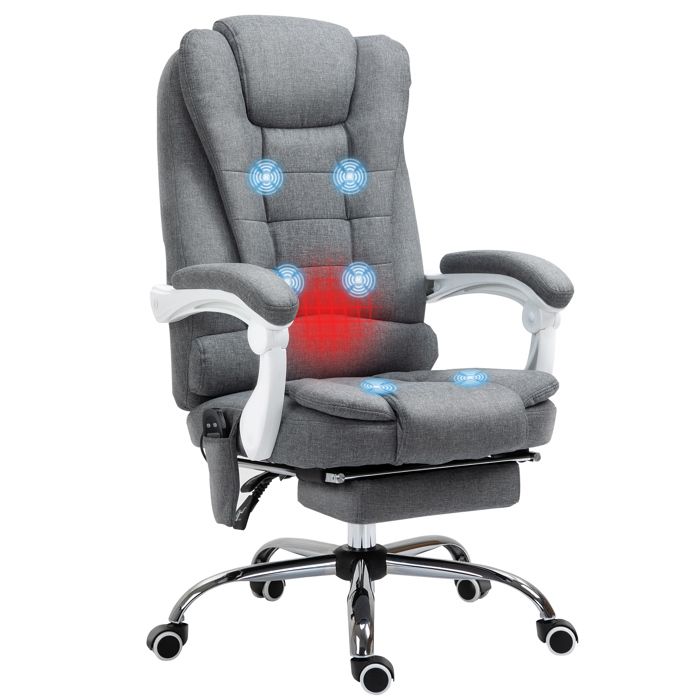 Fauteuil de bureau - Vinsetto - massant chauffant ergonomique dossier inclinable télécommande pivotant à 360° - lin - gris