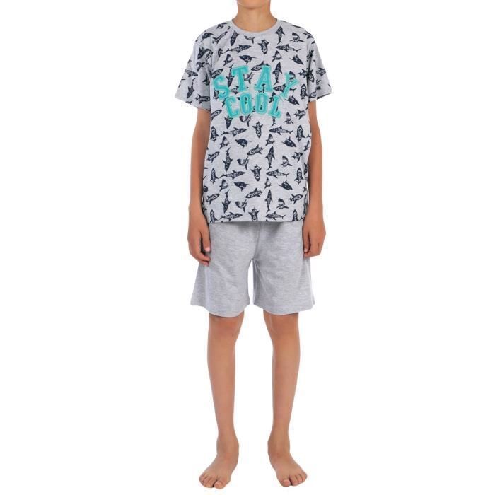 Pyjama court garcon OZABI Ensemble imprime et brode Gris Tailles 10 a 16 ans