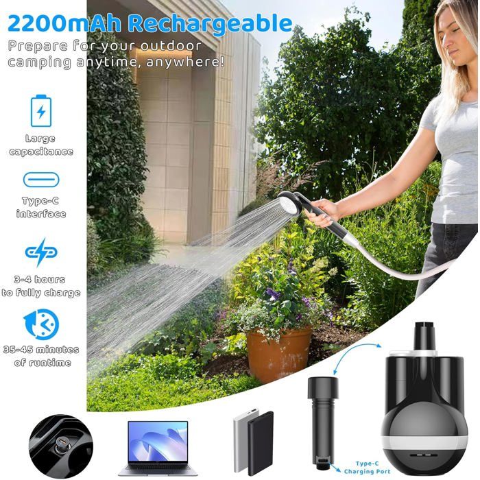 Douche De Camping 12V Portable Avec Pommeau Et Crochet - Idéale Voiture, Caravane Et Extérieur