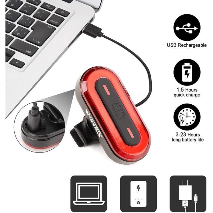 Kit Éclairage Vélo Avant/Arrière USB Rechargeable - LED, 7 Modes, Étanche, Léger (60 G)