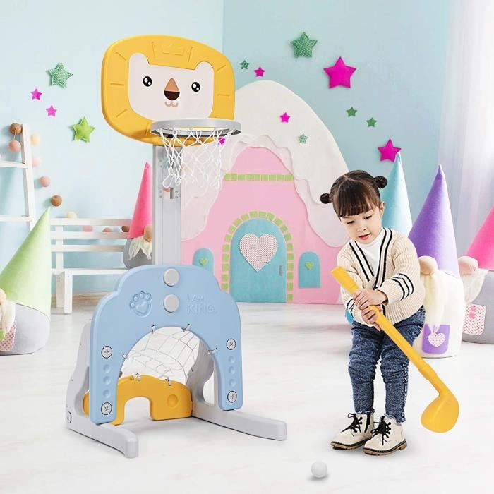 GOPLUS Panier De Basket 3 En 1 Avec Football Et Jeu D'Anneaux - Hauteur Réglable 88-128cm - Enfants 1-6 Ans - Forme Ours