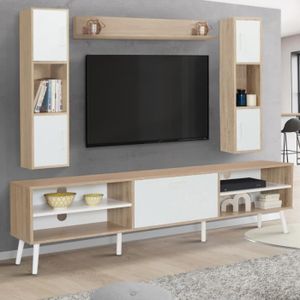 MEUBLE TV MURAL Ensemble meuble TV et étagères HOUSTON bois et blanc 180 cm