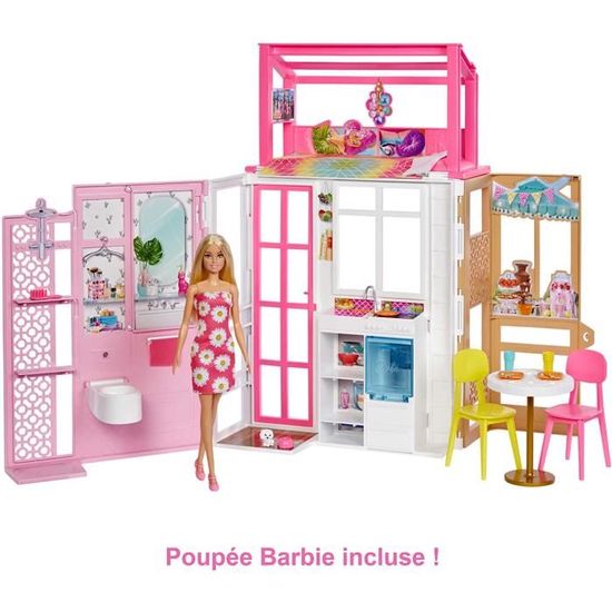 Barbie Mobilier Coffret Maison transformable, 2 niveaux, meublée