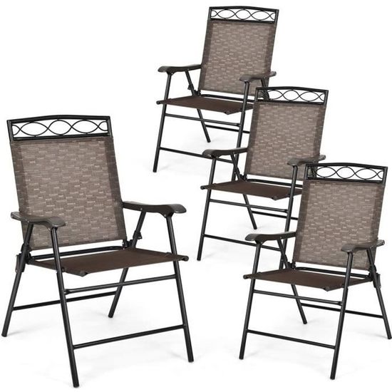 Lot De 4 Chaises Jardin Pliantes Giantex - Dossier Haut, Accoudoirs - Textilène Gris - Support 150 Kg