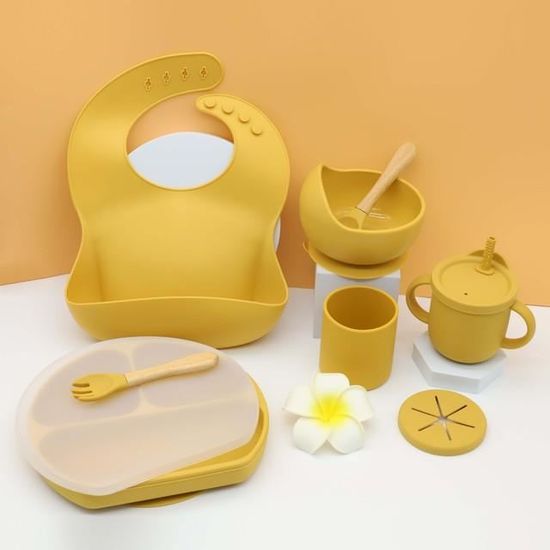 Set De Vaisselle Bébé 8 Pièces En Silicone Avec Ventouse - Assiette, Bol, Couverts, Bavoir, Gobelet - Anti-dérapant Et Lavable Au Lave-vaisselle