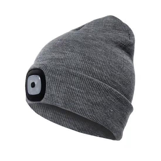 LED beanie hat with light, unisex USB rechargeable hands-free 4 LED headlight hat winter knitted night light hat flashlight-gris