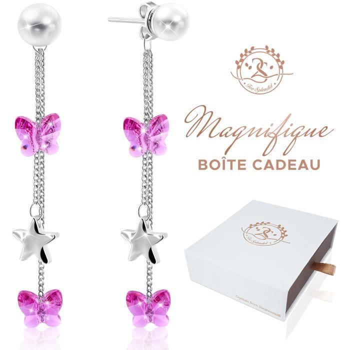 2SPLENDID® Boucles d'Oreilles Pendantes Cristal Swarovski baignées dans l'OR Blanc. Bel écrin cadeau. Cadeau Original Fêtes