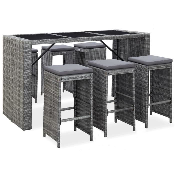 Meuble de bar de jardin 7 pcs et coussins Résine tressée Gris Poids:67,8