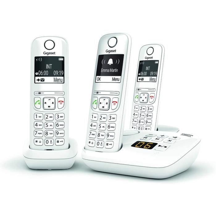 AS690A Trio - Téléphone fixe sans fil avec répondeur, 3 combinés avec grand écran rétroéclairé pour un affichage ultra lisible,