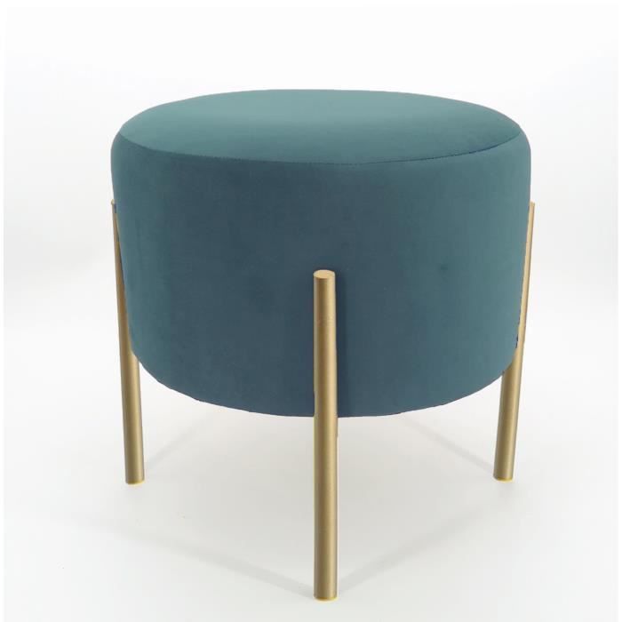 Pouf GASBY Pieds Métal Or - Velours Bleu canard - D35 X H35cm