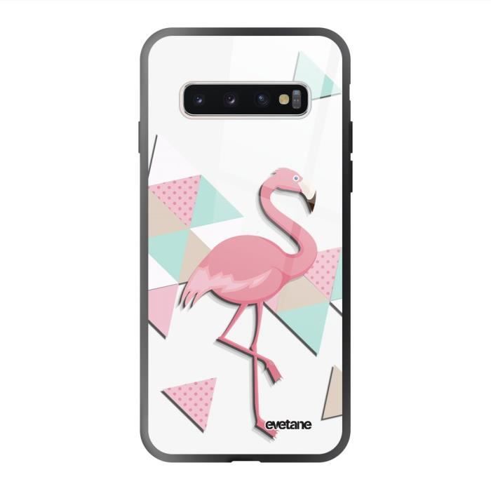 Coque en verre trempé Samsung Galaxy S10 noir Flamant Rose Graphique Ecriture Tendance et Design Evetane
