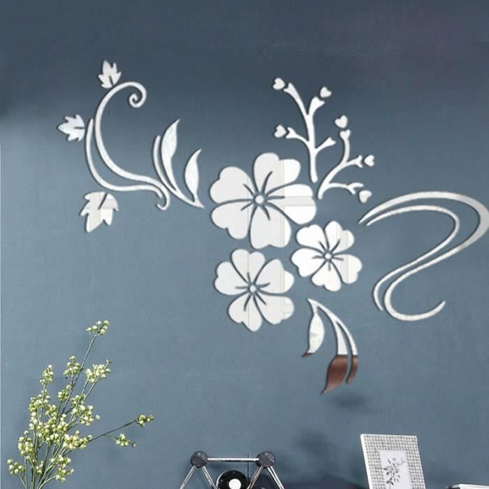 1 magnifique stickers fleur d'HIBISCUS DIY miroir argent mural acrylique 3D autocollant décoration design - Taille S - 100 x 76 cm