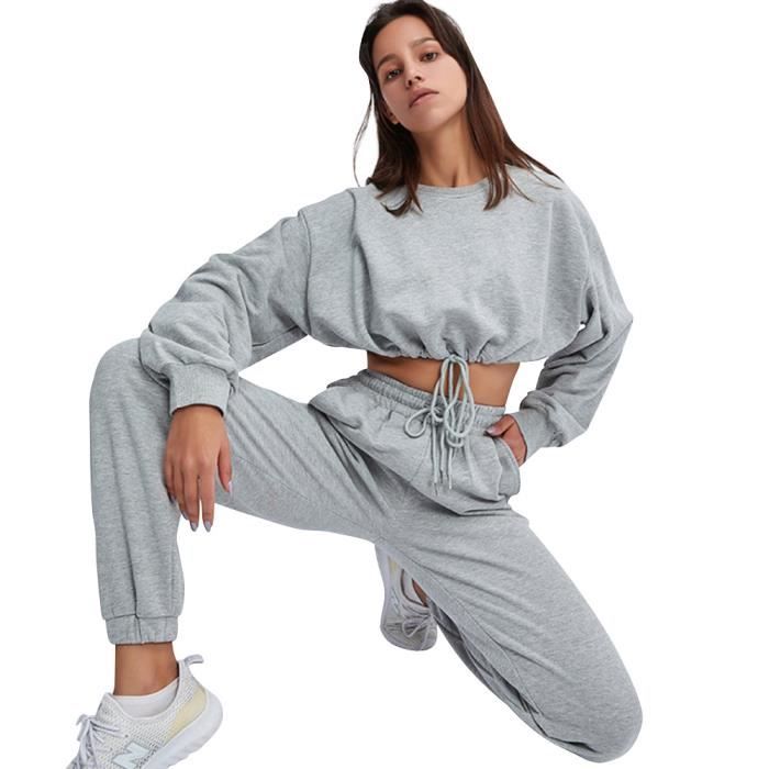 Survêtement Femme 2 Pièce Ensembles Sportswear Sweat à Manches Longues + Pantalon Tenue Sports Casual-Gris