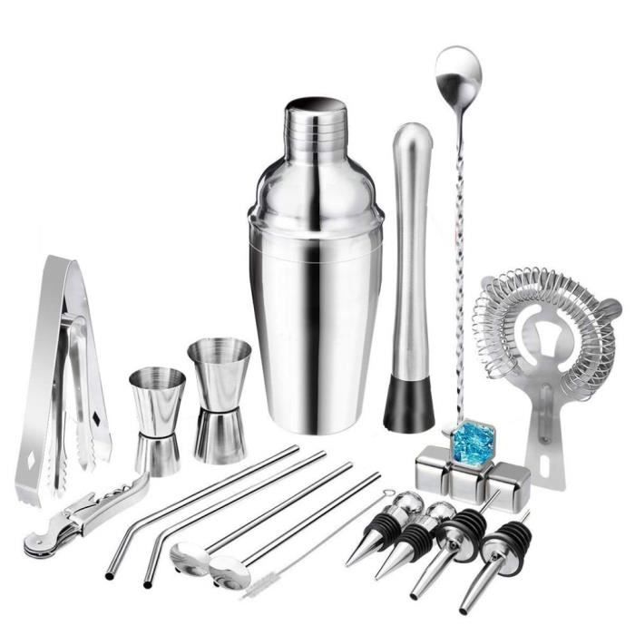 22 pièces Cocktail Shaker, Acier Inoxydable 750 ML Cocktail Set Professional Kit avec 4 * Pierres Whisky pour Bar, Fête, Maison