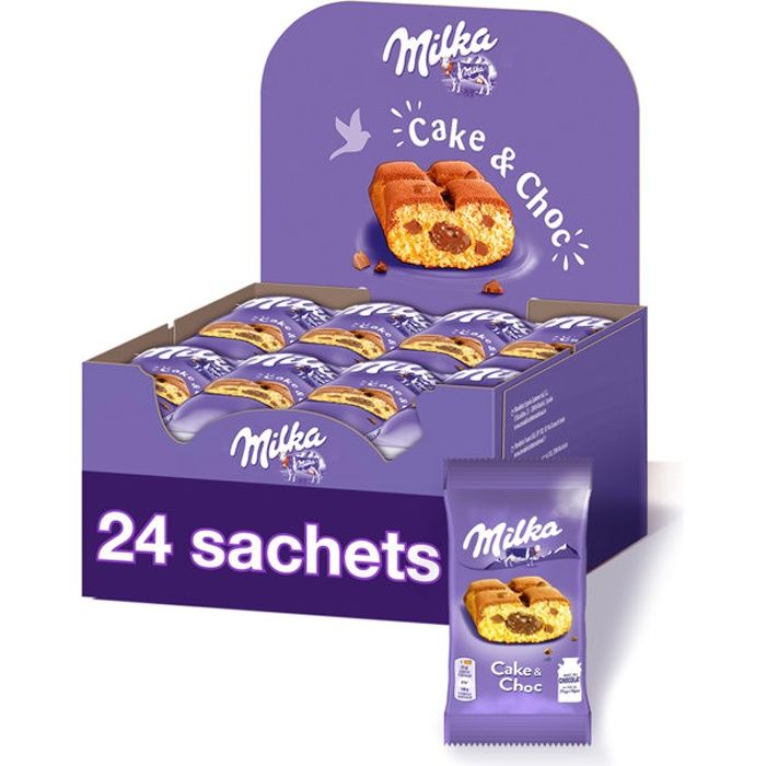 Milka Cake and Choc - Gâteau Moelleux Fourré au Chocolat au Lait - Format idéal goûter ou fêtes - Présentoir de 24 sachets