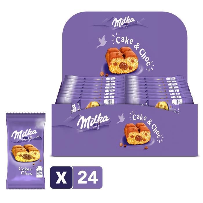 Milka Cake and Choc - Gâteau Moelleux Fourré au Chocolat au Lait - Format idéal goûter ou fêtes - Présentoir de 24 sachets