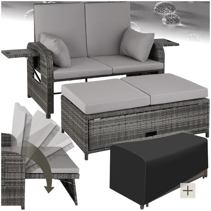 TECTAKE Canapé de jardin CRÈTE en Résine tressée modulable en Bain de soleil 2 Places Coffre de rangement Cadre en Alu Gris