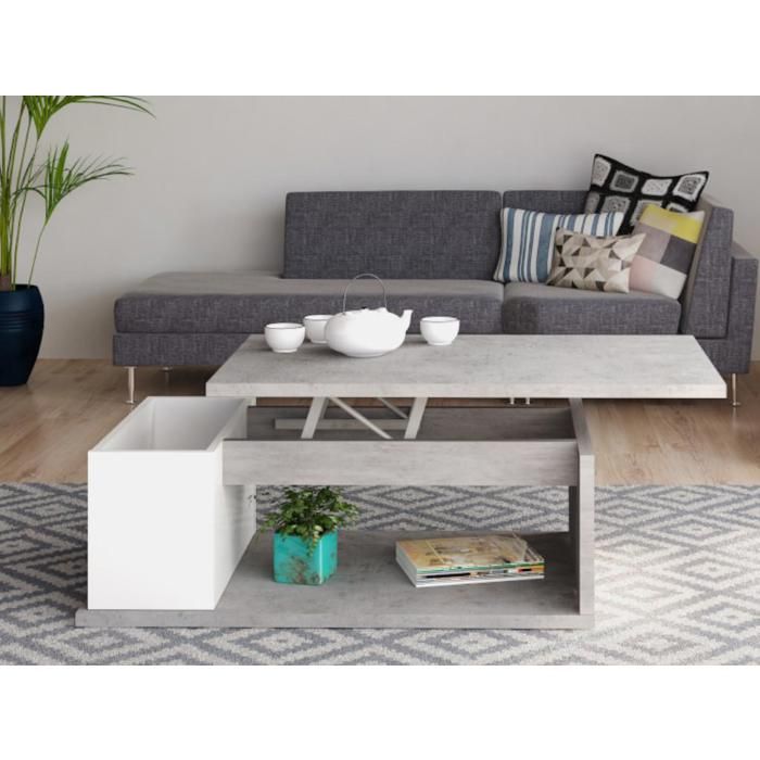 Table basse ALDANA - Plateau relevable - Bois & MDF - Béton et blanc
