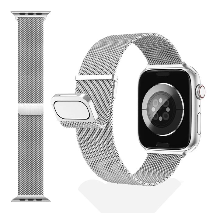 Bracelet Milanais Magnetic Argent en acier inoxydable compatible pour iWatch Serie 9 8 7 6 5 4 3 2 1 SE 42mm 44mm 45mm 49mm -