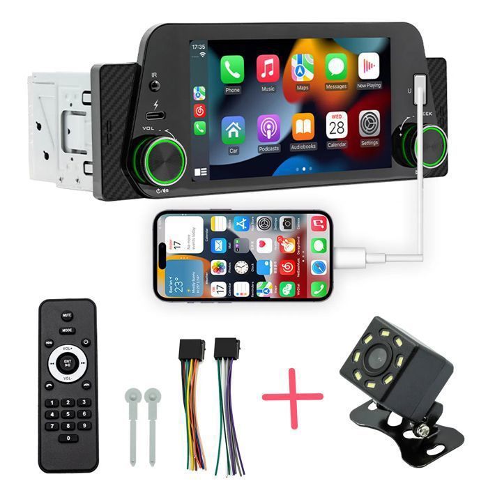 SWAREY Autoradio Bluetooth Universel Carplay sans fil avec Caméra de Recul 5 pouces écran tactile Mirror link FM