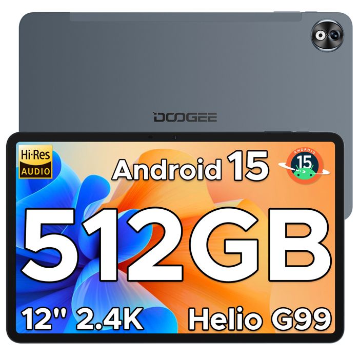 DOOGEE T40 Pro Tablette Tactile 12 pouces 2.4K Grande Batterie 10800mAh -20Go + 512Go Android 15 Tablette PC 4G WIFI+SIM GPS – Gris