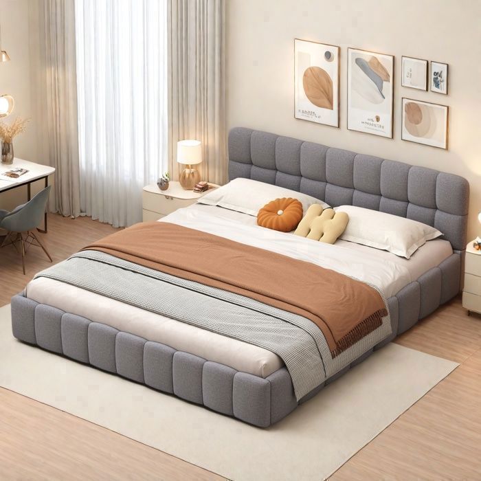Lit double rembourré - EIFSON - Capitonné - 160x200 cm - Tête de lit rembourrée - Lin gris
