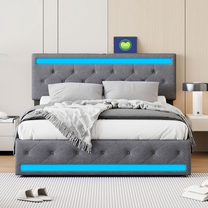 Lit capitonné 160x200 - EIFSON - Tête de lit avec LED - 4 tiroirs - Tissu de lin gris - Charge USB