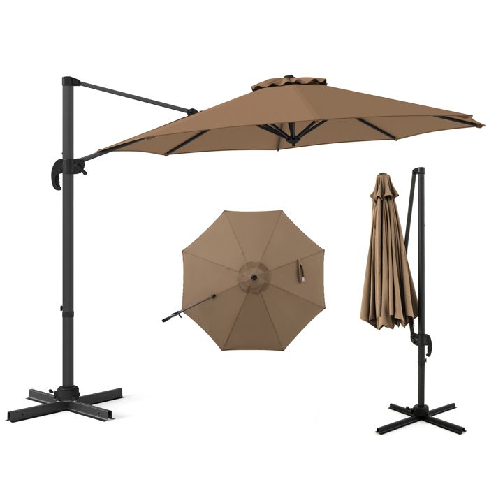 COSTWAY Parasol Déporté 294x247cm - Rotation à 360°- 5 Angles dInclinaison Réglables - Base de Croix - Anti UV pour Jardin- Marron