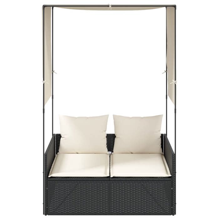 JLL*TOP - Chaise longue - Bain de soleil - Lot de 2 avec toit et rideaux noir résine tressée LLL1045