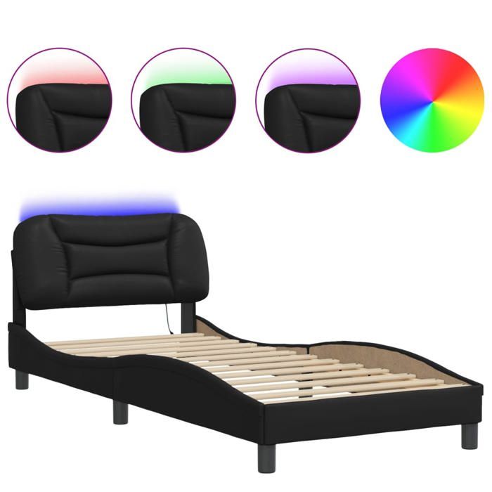 Cadre de lit avec LED Simple - noir 90x190 cm - L208 x P95 x H74.5 cm - Bois pin massif