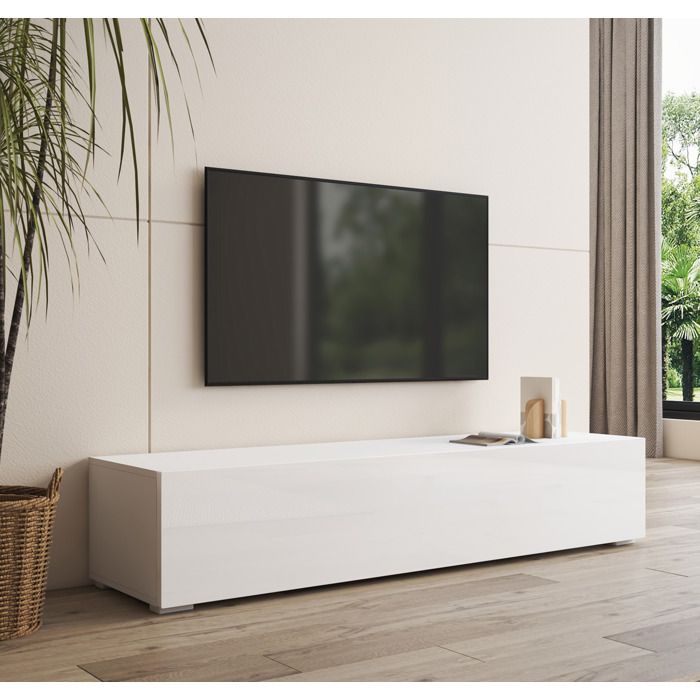 Meuble TV - DESIGN AMEUBLEMENT - Nora H2 - 160 cm - Blanc brillant - 1 porte abattante Meuble TV - DESIGN AMEUBLEMENT - Nora H2 - 160 cm - Blanc brillant - 1 porte abattante