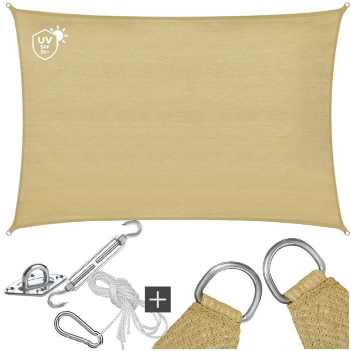 Voile dombrage - TECTAKE - Protection solaire SUNNY extérieur en HDPE indéchirable avec protection UV imperméable 2x3m - Sable