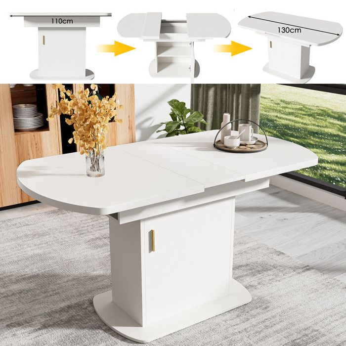 Table à Manger Extensible 110-130cm - Poignées Dorée - Gain de Place avec Rangement Intégré - Blanc Moderne - 110/130x70x75cm