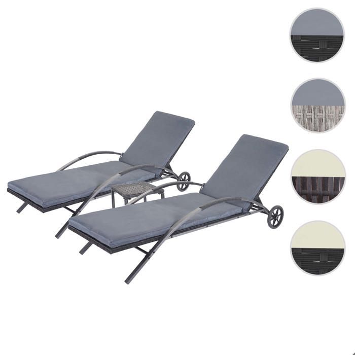 2x Chaises longues HWC-E27 en polyrotin ~ noir coussins gris foncé 2x Chaises longues HWC-E27 en polyrotin ~ noir coussins gris foncé