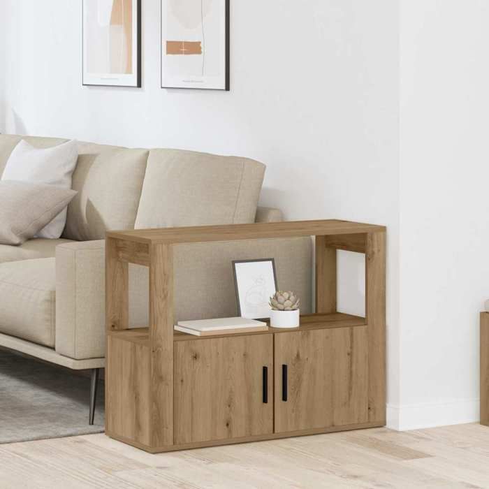 Buffet de rangement chêne artisanal style contemporain en bois dingénierie 80x30x60 cm avec porte rangement pour séjour